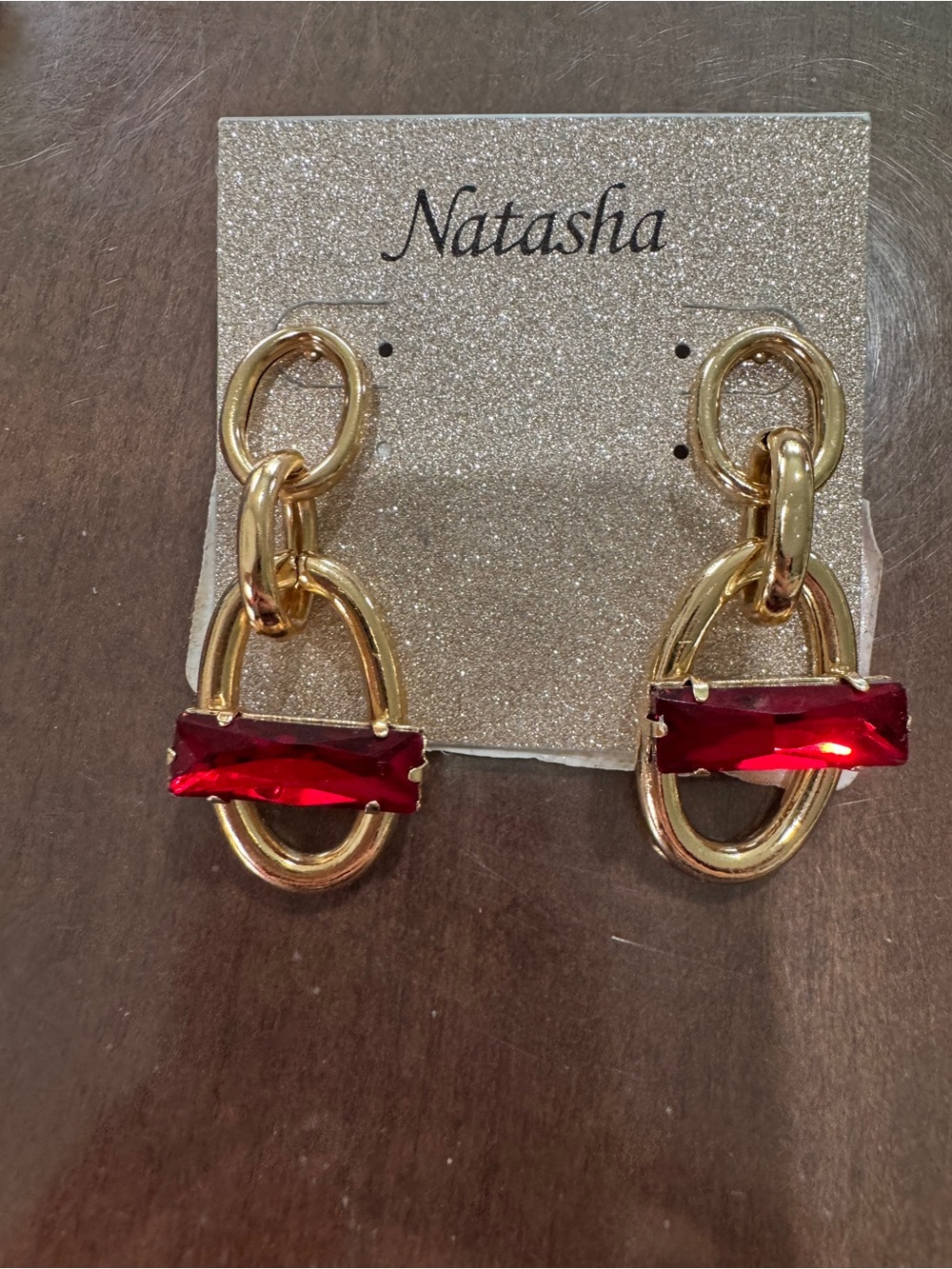 Natasha Couture Gold Linked Hoop Earrings with Red Bar Stones